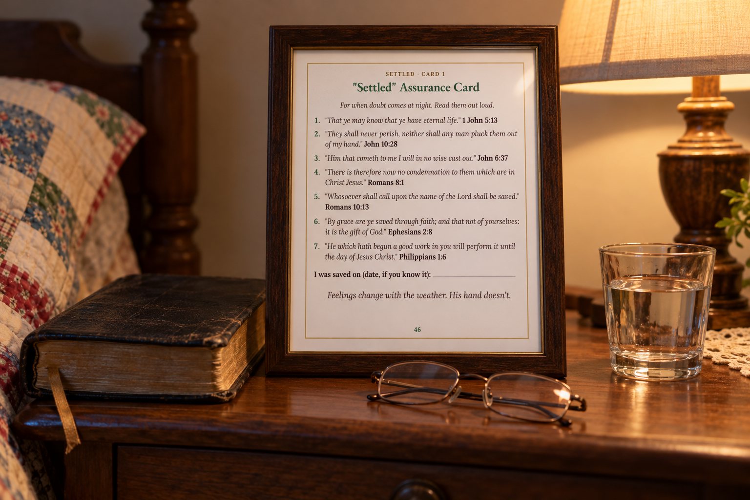 The printed assurance card on a nightstand