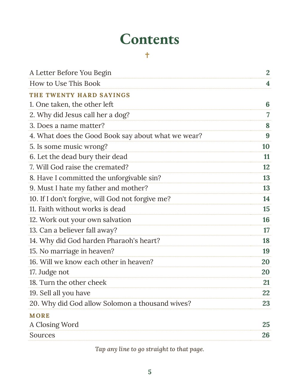 The Hard Sayings contents page